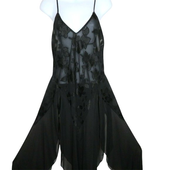 Vintage Sheer Chiffon Brocade Slip Nightgown M Black Sweeping Sheer Slit Panels - Picture 3 of 10